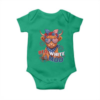 Red White and Moo Funny Patriotic Highland Cow Baby Onesie Cute American Flag Sunglasses and Bandana Summer Fireworks
