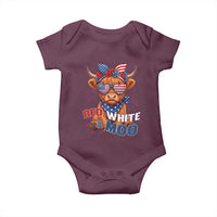 Red White and Moo Funny Patriotic Highland Cow Baby Onesie Cute American Flag Sunglasses and Bandana Summer Fireworks