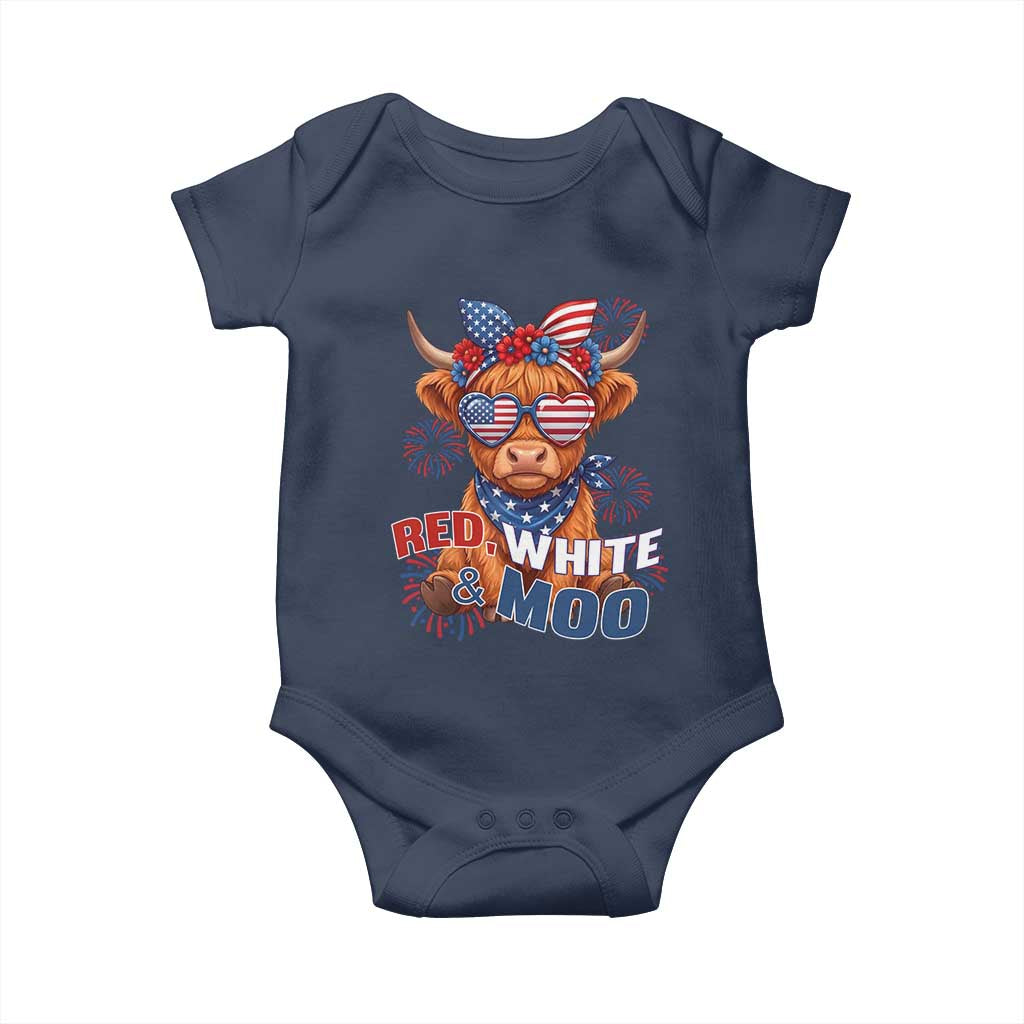 Red White and Moo Funny Patriotic Highland Cow Baby Onesie Cute American Flag Sunglasses and Bandana Summer Fireworks