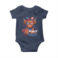 Red White and Moo Funny Patriotic Highland Cow Baby Onesie Cute American Flag Sunglasses and Bandana Summer Fireworks