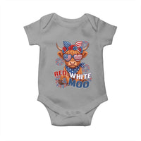 Red White and Moo Funny Patriotic Highland Cow Baby Onesie Cute American Flag Sunglasses and Bandana Summer Fireworks