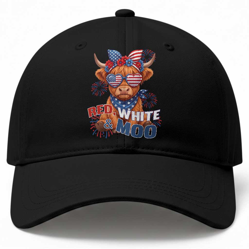 Red White and Moo Funny Patriotic Highland Cow Baseball Cap Cute American Flag Sunglasses and Bandana Summer Fireworks