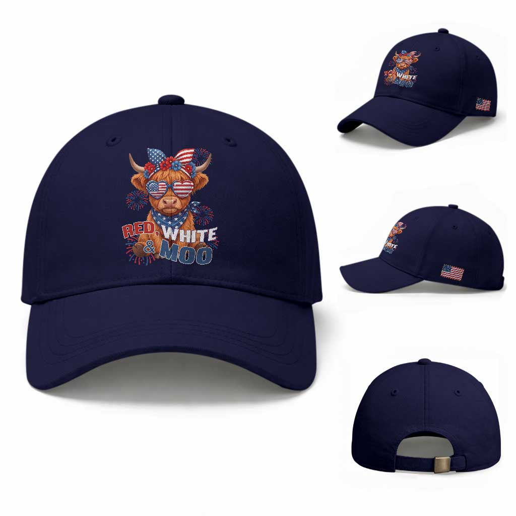 Red White and Moo Funny Patriotic Highland Cow Baseball Cap Cute American Flag Sunglasses and Bandana Summer Fireworks