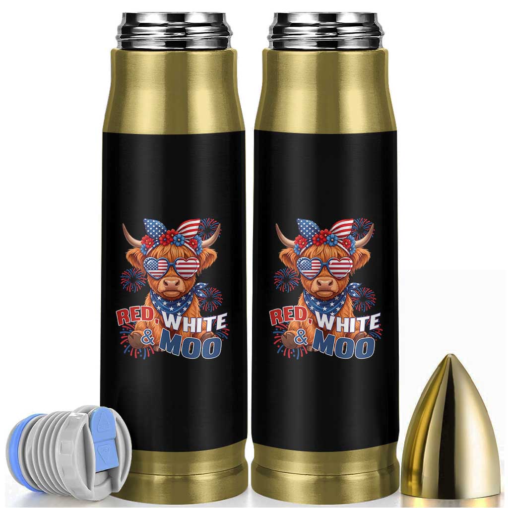 Red White and Moo Funny Patriotic Highland Cow Bullet Tumbler Cute American Flag Sunglasses and Bandana Summer Fireworks