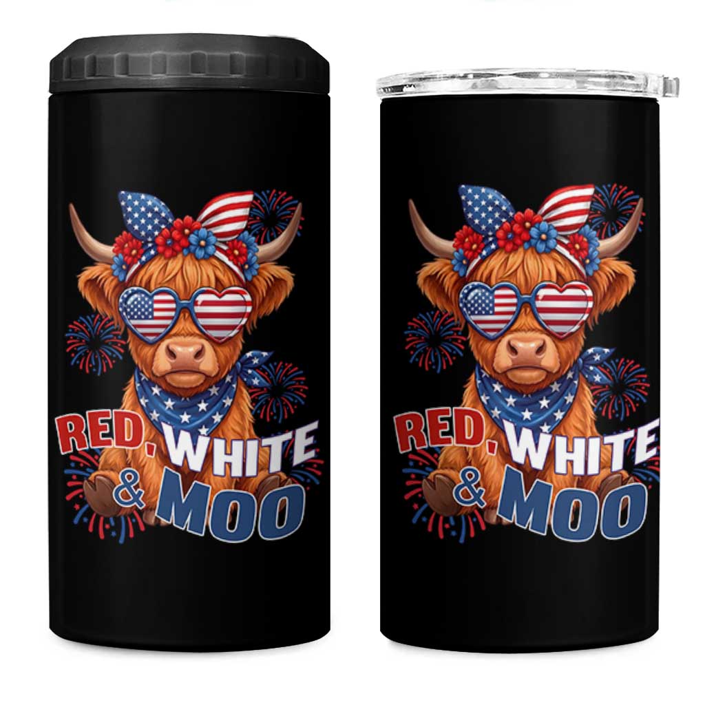 Red White and Moo Funny Patriotic Highland Cow 4 in 1 Can Cooler Tumbler Cute American Flag Sunglasses and Bandana Summer Fireworks