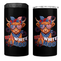 Red White and Moo Funny Patriotic Highland Cow 4 in 1 Can Cooler Tumbler Cute American Flag Sunglasses and Bandana Summer Fireworks