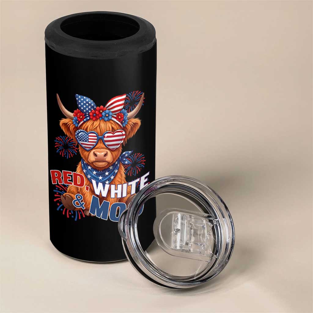 Red White and Moo Funny Patriotic Highland Cow 4 in 1 Can Cooler Tumbler Cute American Flag Sunglasses and Bandana Summer Fireworks