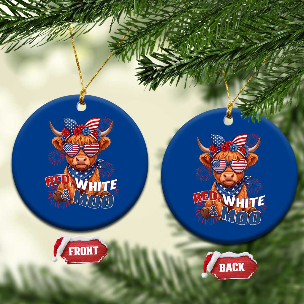 Red White and Moo Funny Patriotic Highland Cow Ceramic Ornament Cute American Flag Sunglasses and Bandana Summer Fireworks