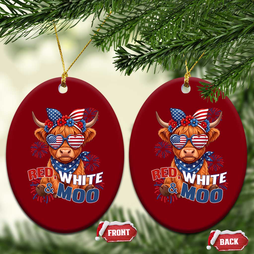 Red White and Moo Funny Patriotic Highland Cow Ceramic Ornament Cute American Flag Sunglasses and Bandana Summer Fireworks
