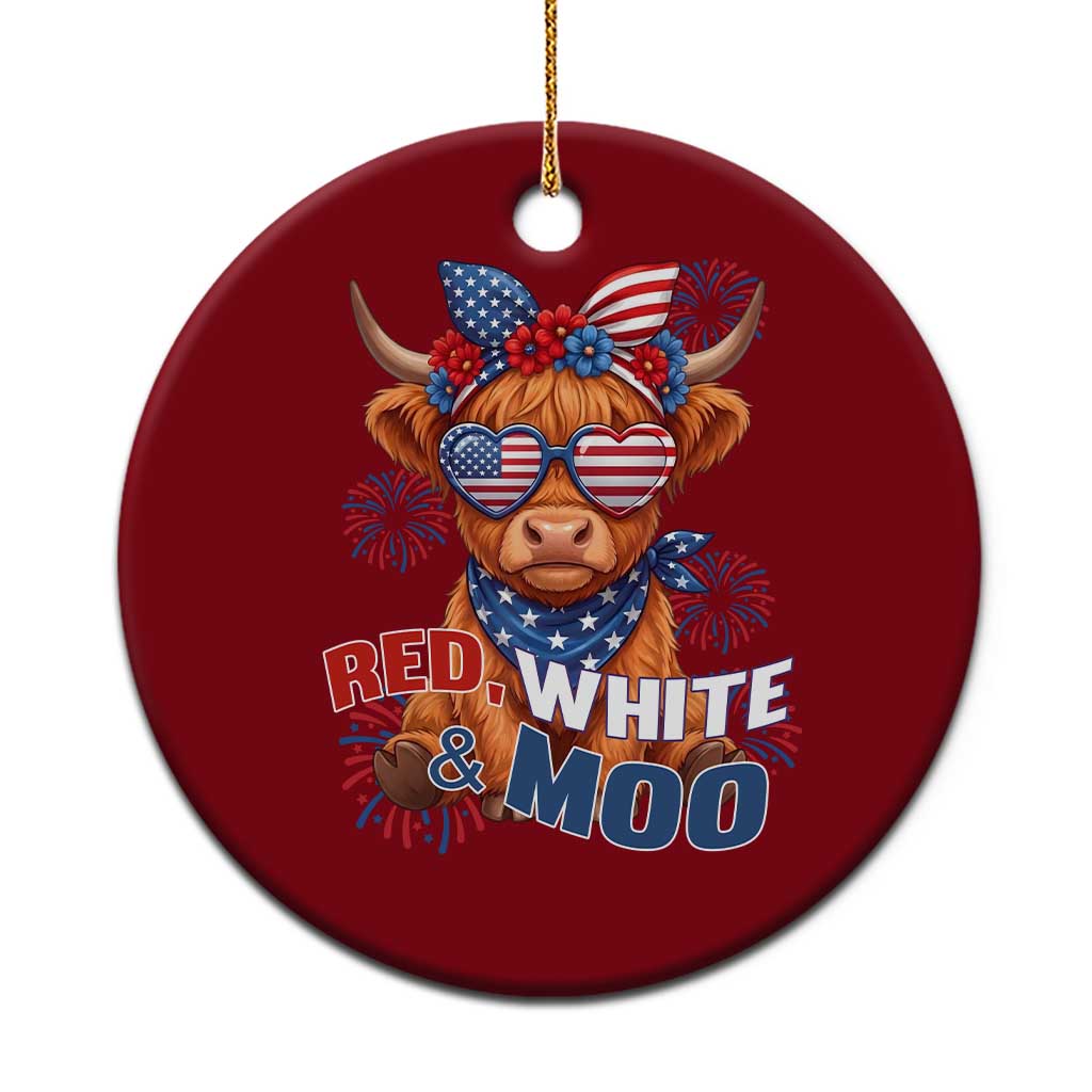 Red White and Moo Funny Patriotic Highland Cow Ceramic Ornament Cute American Flag Sunglasses and Bandana Summer Fireworks
