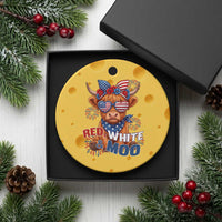 Red White and Moo Funny Patriotic Highland Cow Ceramic Ornament Cute American Flag Sunglasses and Bandana Summer Fireworks