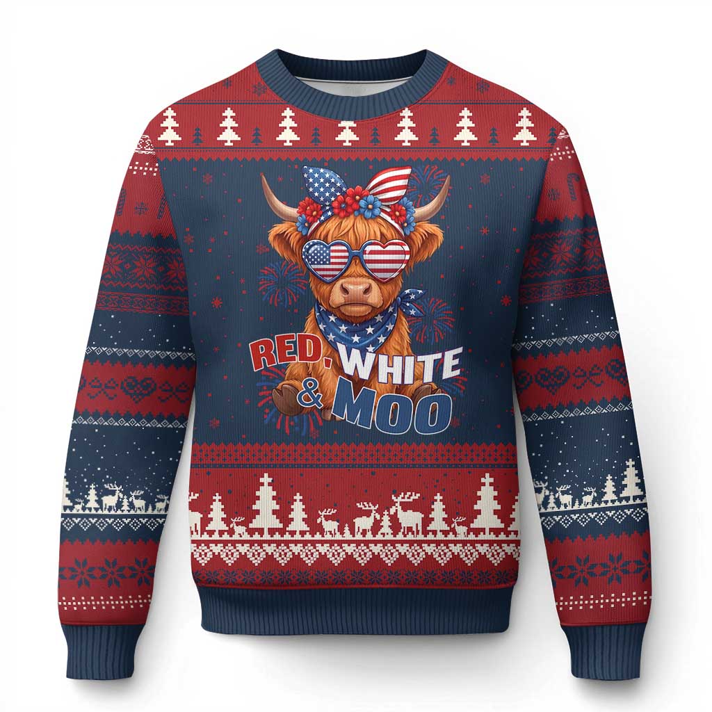 Red White and Moo Funny Patriotic Highland Cow Ugly Christmas Sweater Cute American Flag Sunglasses and Bandana Summer Fireworks