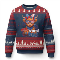Red White and Moo Funny Patriotic Highland Cow Ugly Christmas Sweater Cute American Flag Sunglasses and Bandana Summer Fireworks