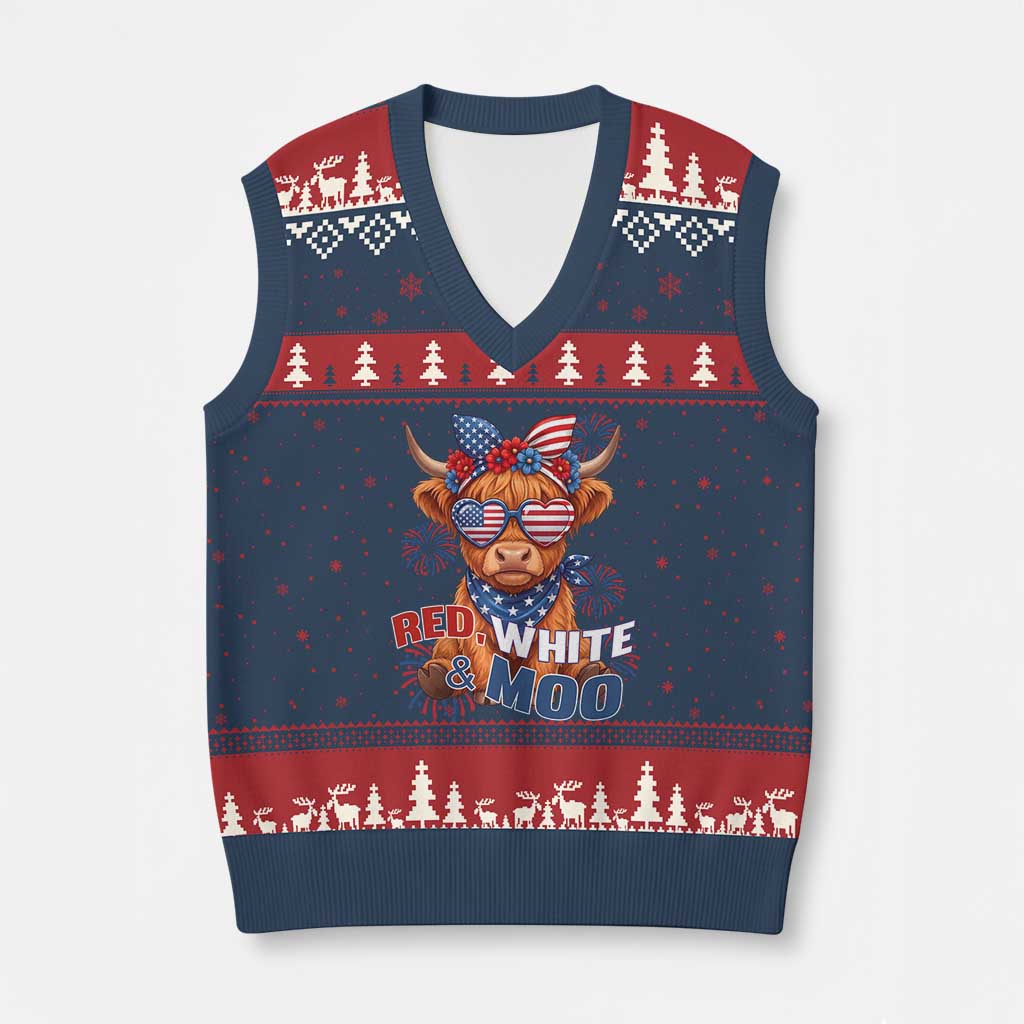 Red White and Moo Funny Patriotic Highland Cow V-Neck Knit Sweater Vest Cute American Flag Sunglasses and Bandana Summer Fireworks