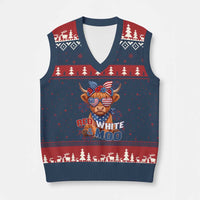 Red White and Moo Funny Patriotic Highland Cow V-Neck Knit Sweater Vest Cute American Flag Sunglasses and Bandana Summer Fireworks