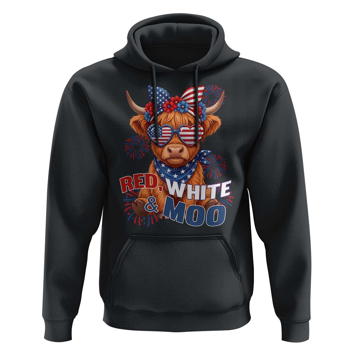 Red White and Moo Funny Patriotic Highland Cow Hoodie Cute American Flag Sunglasses and Bandana Summer Fireworks