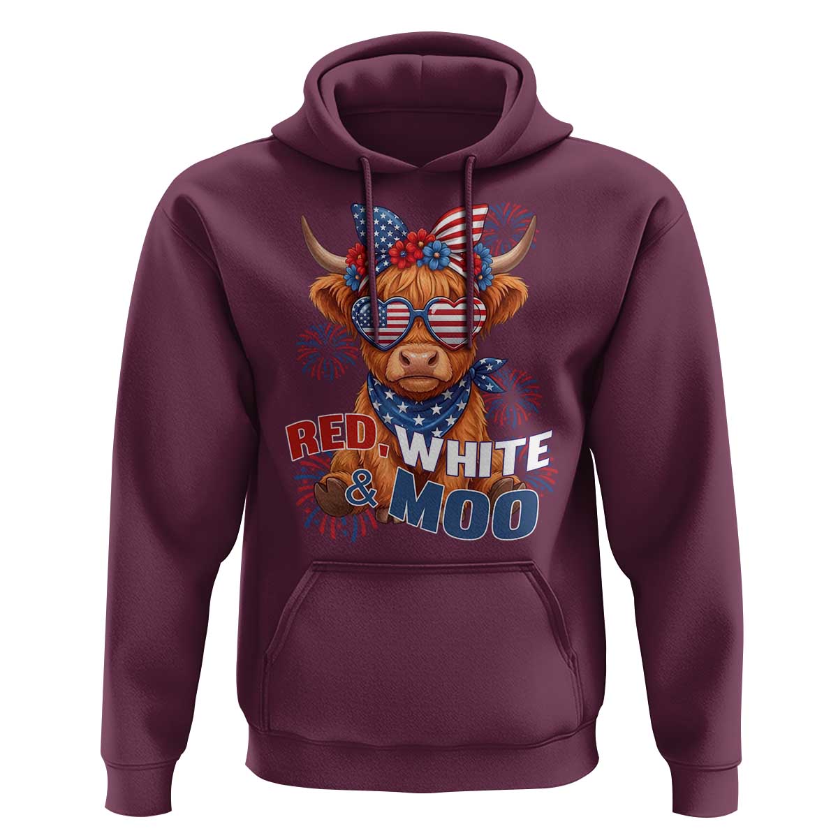 Red White and Moo Funny Patriotic Highland Cow Hoodie Cute American Flag Sunglasses and Bandana Summer Fireworks