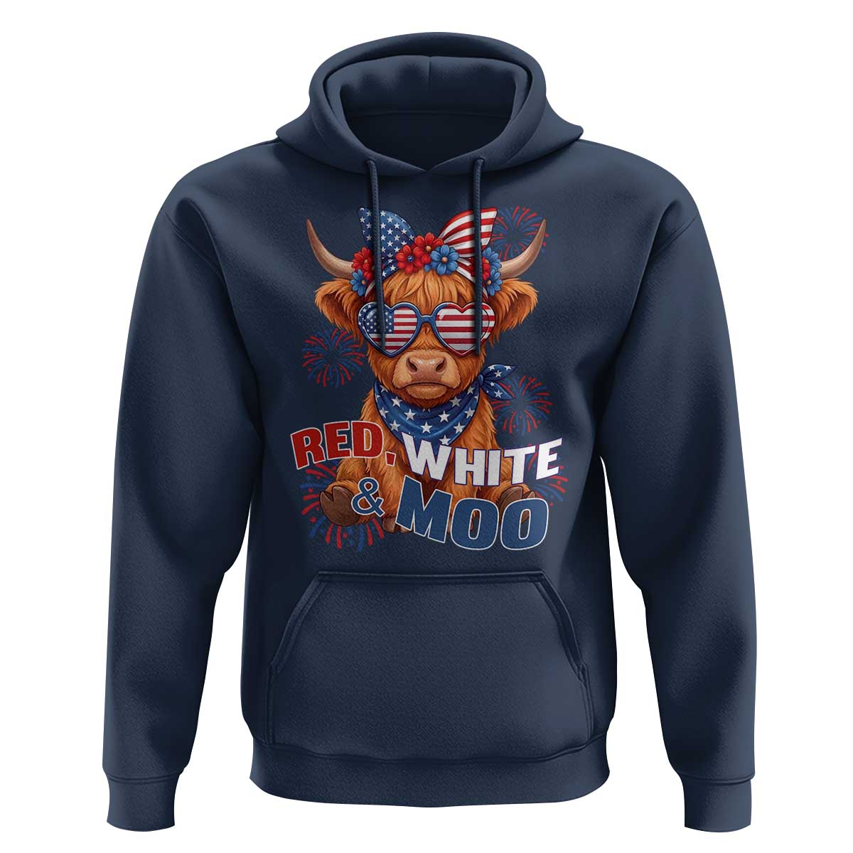 Red White and Moo Funny Patriotic Highland Cow Hoodie Cute American Flag Sunglasses and Bandana Summer Fireworks
