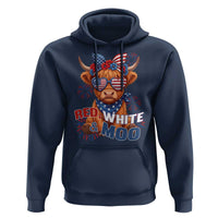 Red White and Moo Funny Patriotic Highland Cow Hoodie Cute American Flag Sunglasses and Bandana Summer Fireworks