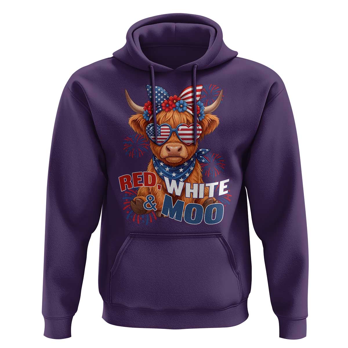 Red White and Moo Funny Patriotic Highland Cow Hoodie Cute American Flag Sunglasses and Bandana Summer Fireworks
