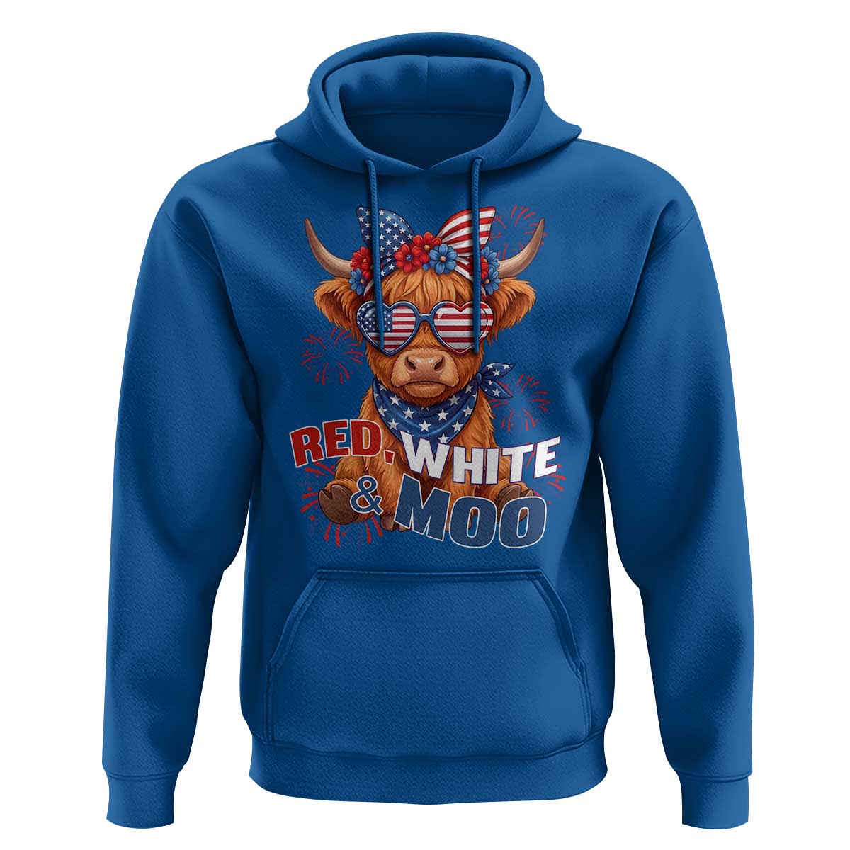 Red White and Moo Funny Patriotic Highland Cow Hoodie Cute American Flag Sunglasses and Bandana Summer Fireworks