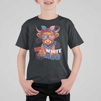 Red White and Moo Funny Patriotic Highland Cow T Shirt For Kid Cute American Flag Sunglasses and Bandana Summer Fireworks