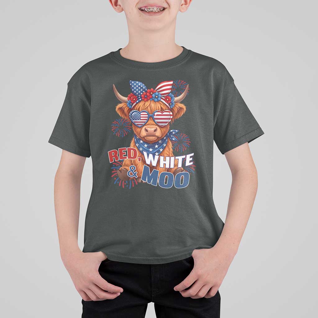 Red White and Moo Funny Patriotic Highland Cow T Shirt For Kid Cute American Flag Sunglasses and Bandana Summer Fireworks