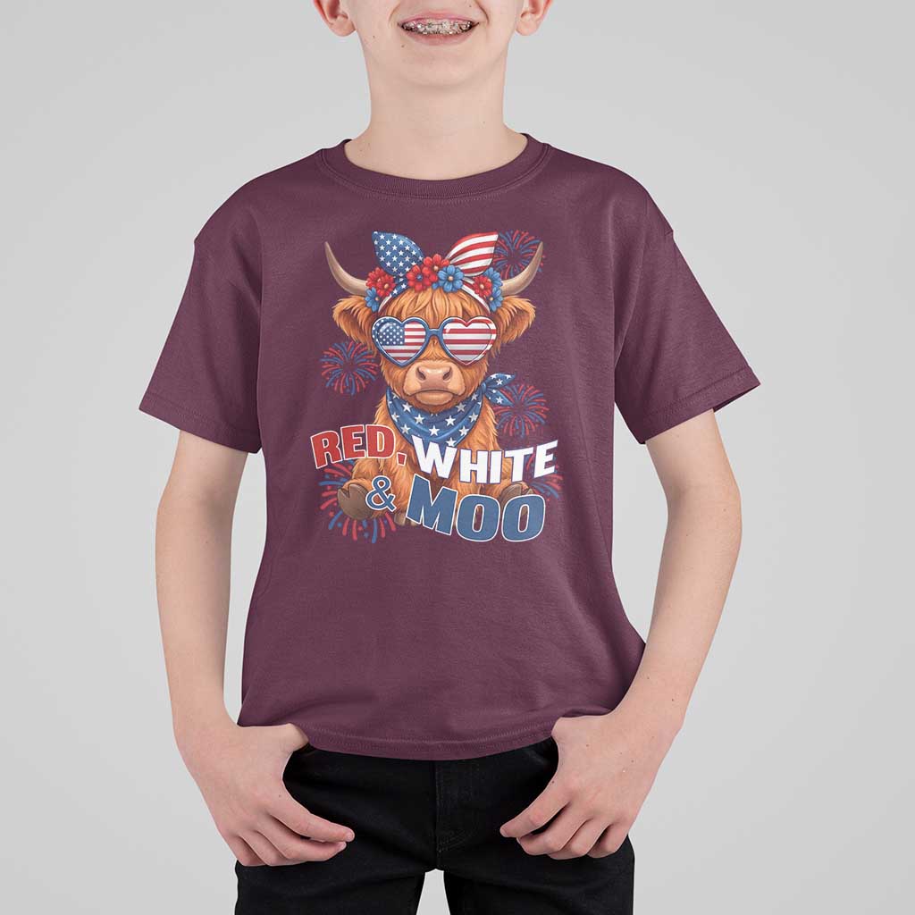 Red White and Moo Funny Patriotic Highland Cow T Shirt For Kid Cute American Flag Sunglasses and Bandana Summer Fireworks