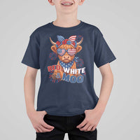 Red White and Moo Funny Patriotic Highland Cow T Shirt For Kid Cute American Flag Sunglasses and Bandana Summer Fireworks