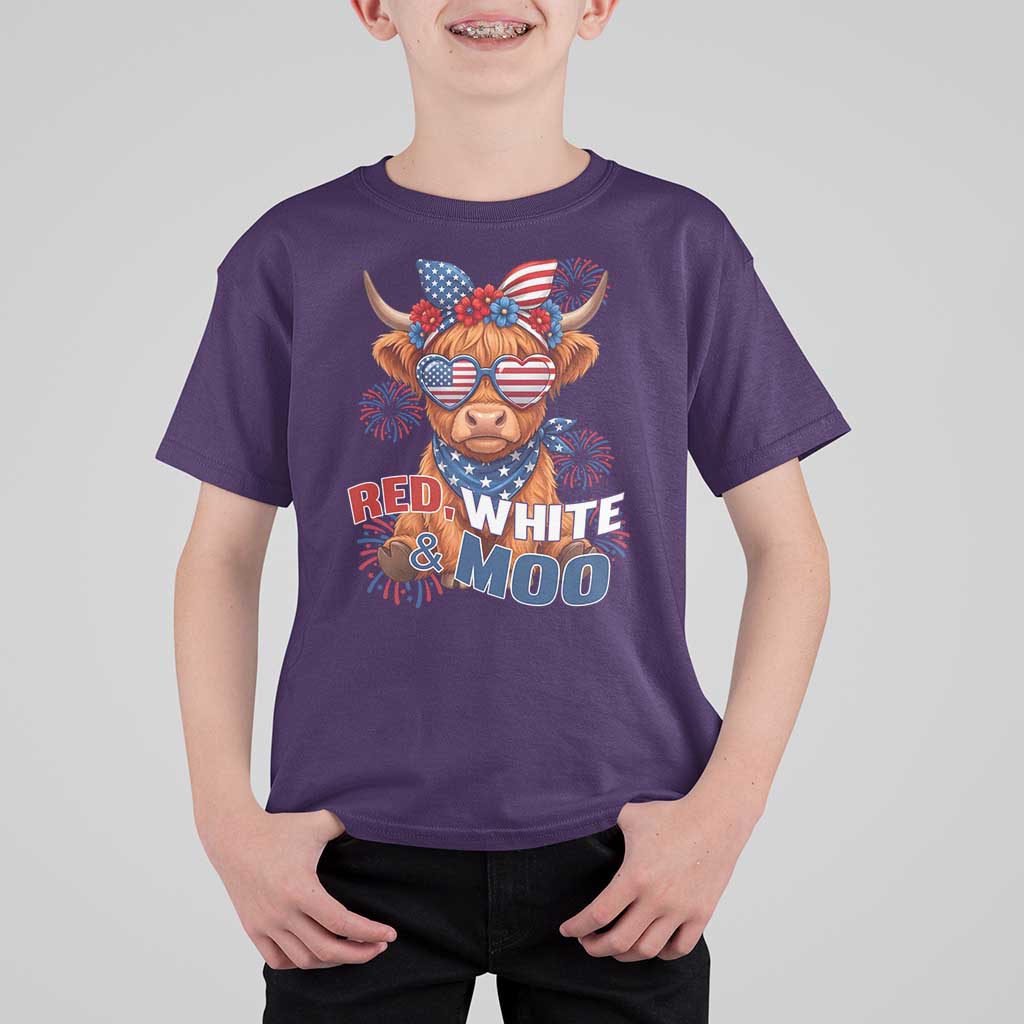 Red White and Moo Funny Patriotic Highland Cow T Shirt For Kid Cute American Flag Sunglasses and Bandana Summer Fireworks
