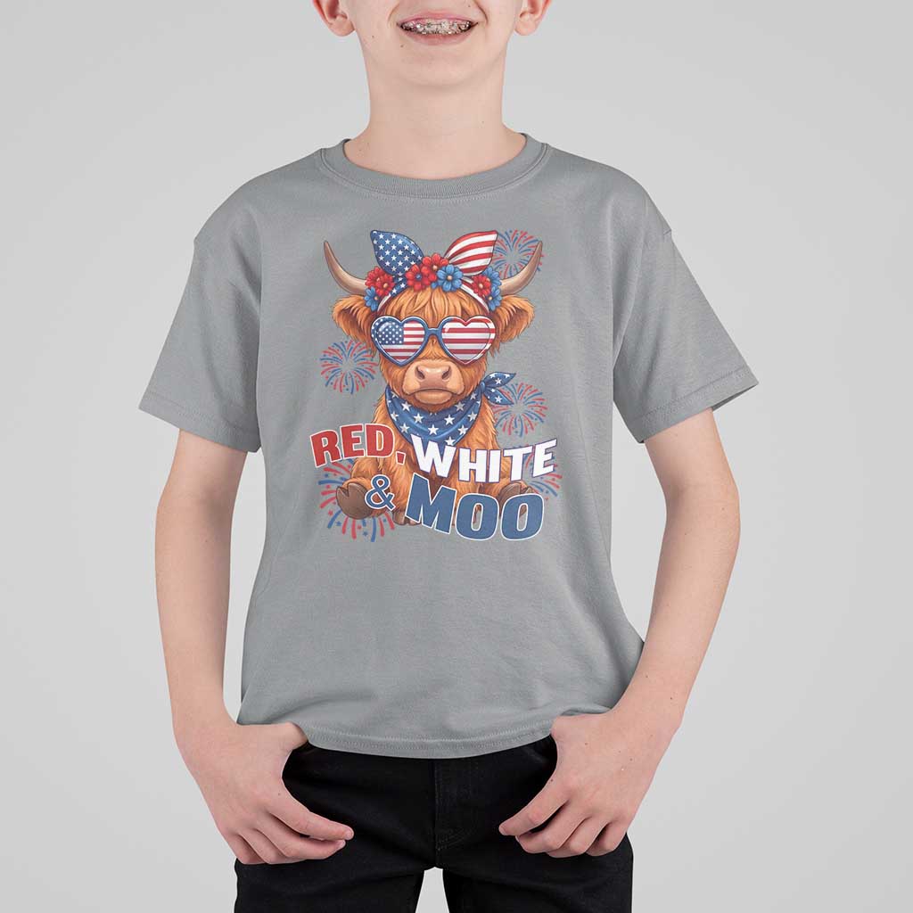 Red White and Moo Funny Patriotic Highland Cow T Shirt For Kid Cute American Flag Sunglasses and Bandana Summer Fireworks