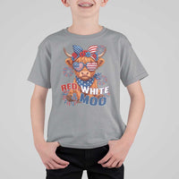 Red White and Moo Funny Patriotic Highland Cow T Shirt For Kid Cute American Flag Sunglasses and Bandana Summer Fireworks
