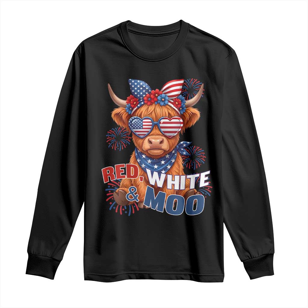 Red White and Moo Funny Patriotic Highland Cow Long Sleeve Shirt Cute American Flag Sunglasses and Bandana Summer Fireworks