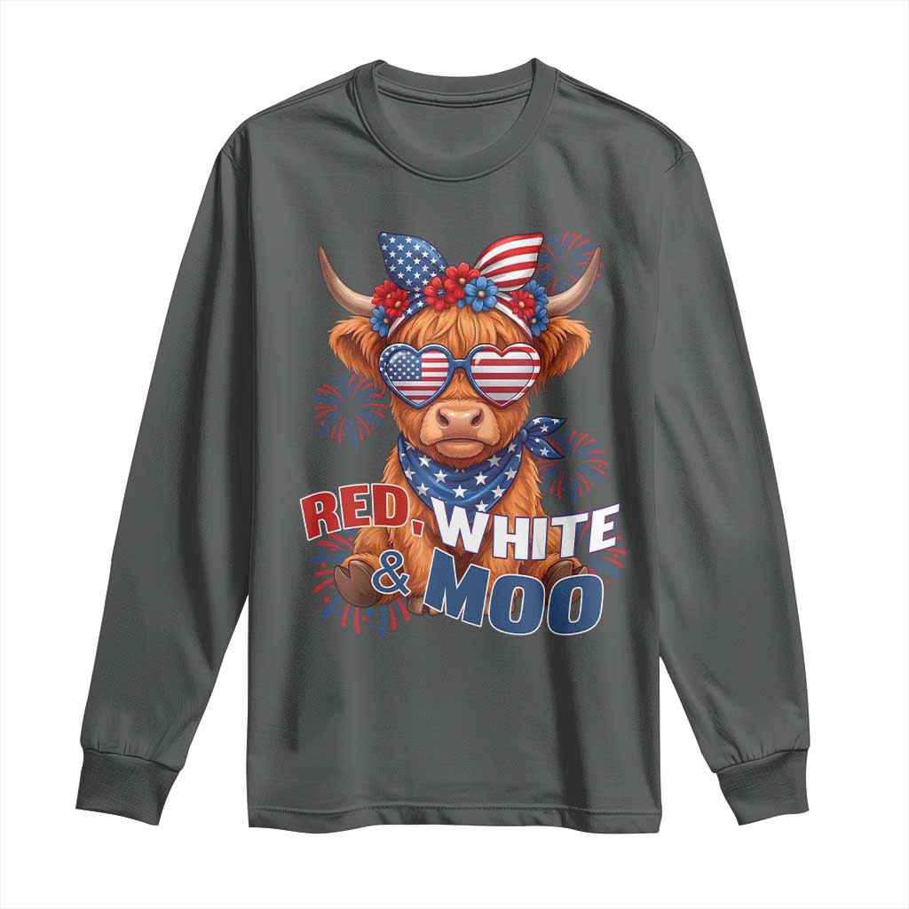 Red White and Moo Funny Patriotic Highland Cow Long Sleeve Shirt Cute American Flag Sunglasses and Bandana Summer Fireworks