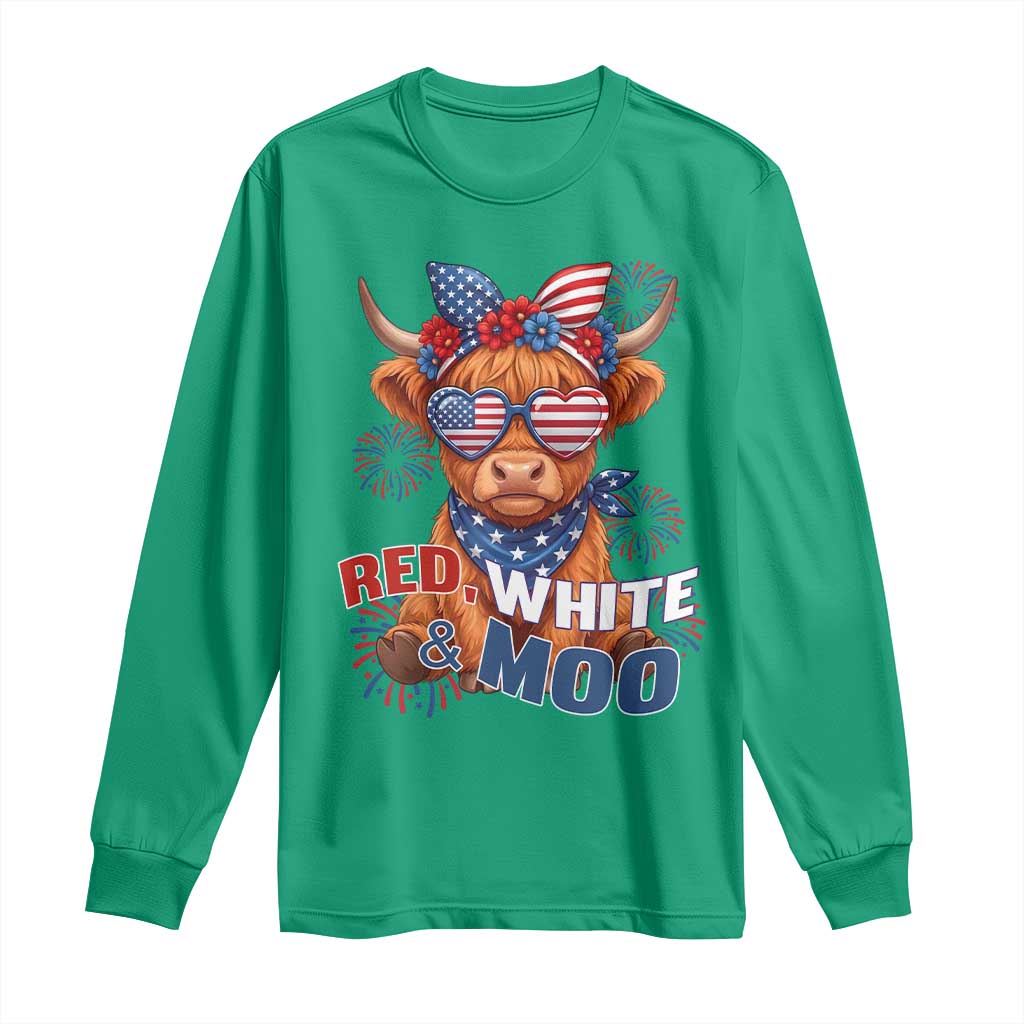 Red White and Moo Funny Patriotic Highland Cow Long Sleeve Shirt Cute American Flag Sunglasses and Bandana Summer Fireworks