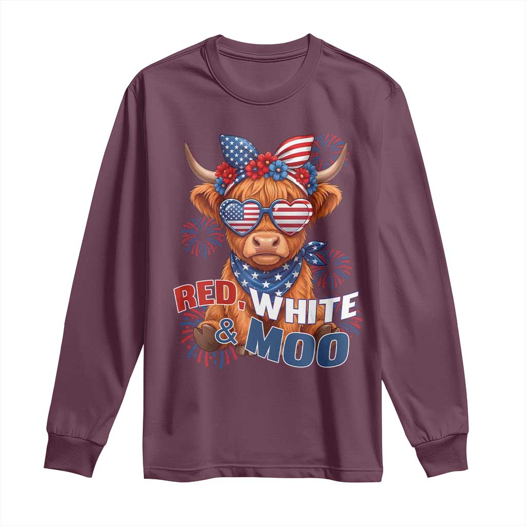 Red White and Moo Funny Patriotic Highland Cow Long Sleeve Shirt Cute American Flag Sunglasses and Bandana Summer Fireworks