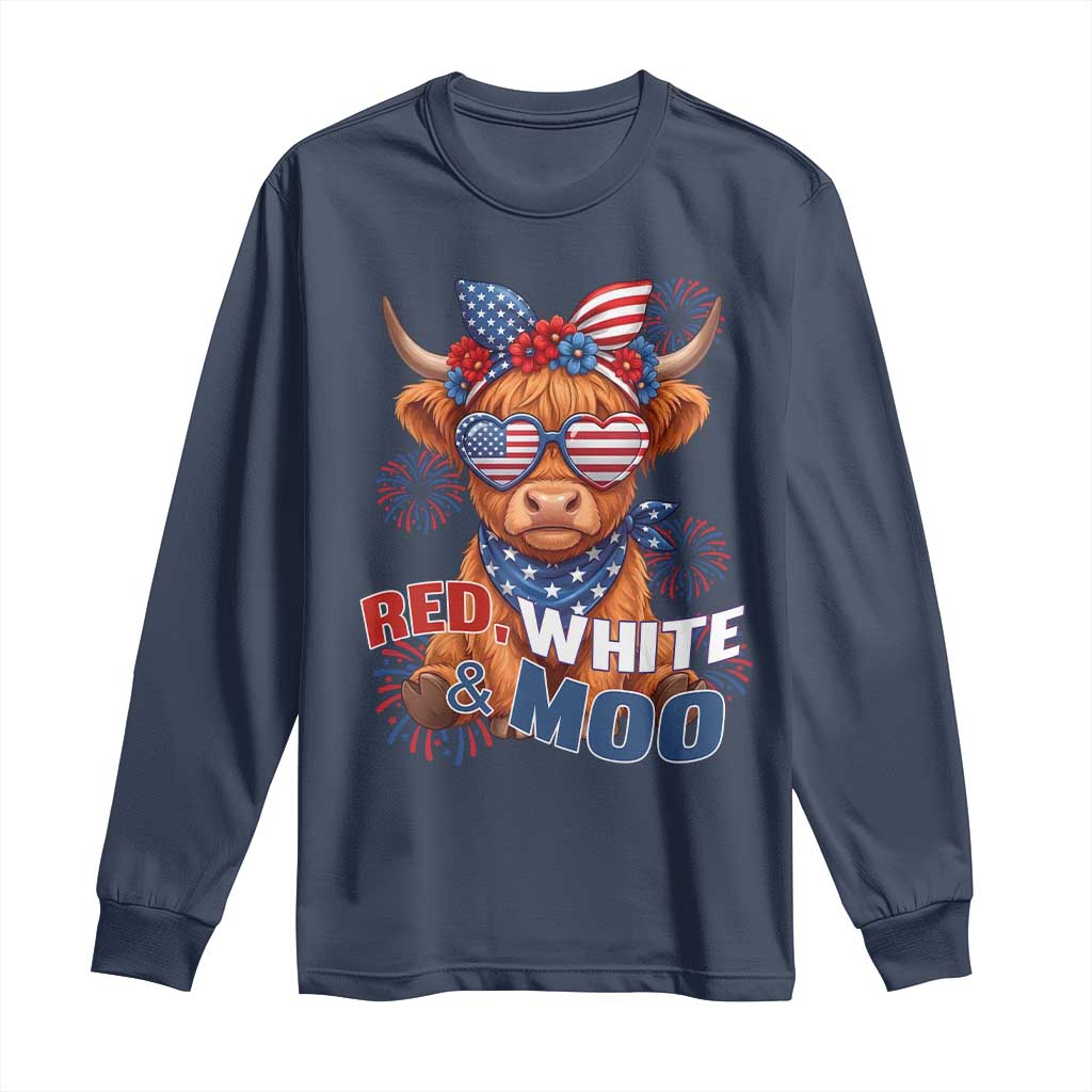 Red White and Moo Funny Patriotic Highland Cow Long Sleeve Shirt Cute American Flag Sunglasses and Bandana Summer Fireworks