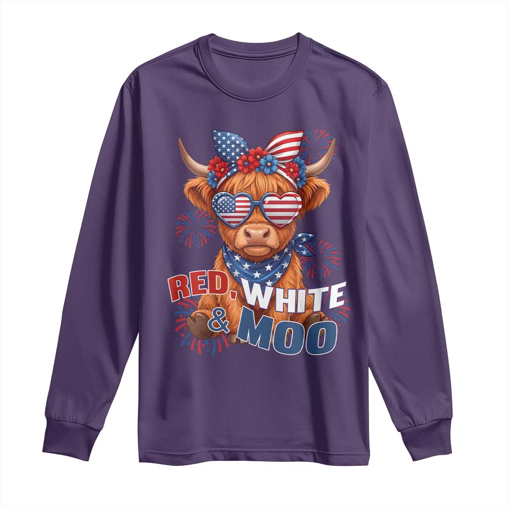 Red White and Moo Funny Patriotic Highland Cow Long Sleeve Shirt Cute American Flag Sunglasses and Bandana Summer Fireworks