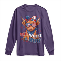 Red White and Moo Funny Patriotic Highland Cow Long Sleeve Shirt Cute American Flag Sunglasses and Bandana Summer Fireworks