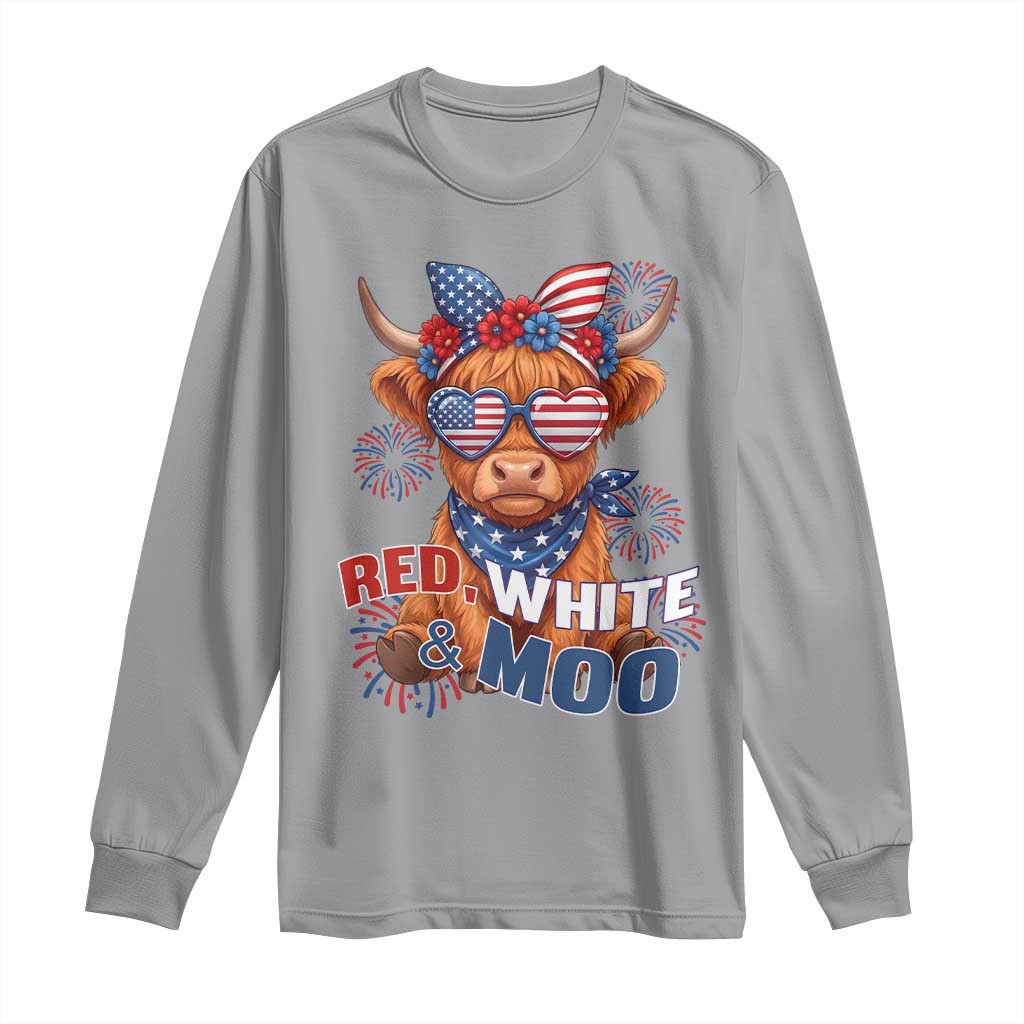Red White and Moo Funny Patriotic Highland Cow Long Sleeve Shirt Cute American Flag Sunglasses and Bandana Summer Fireworks