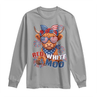 Red White and Moo Funny Patriotic Highland Cow Long Sleeve Shirt Cute American Flag Sunglasses and Bandana Summer Fireworks