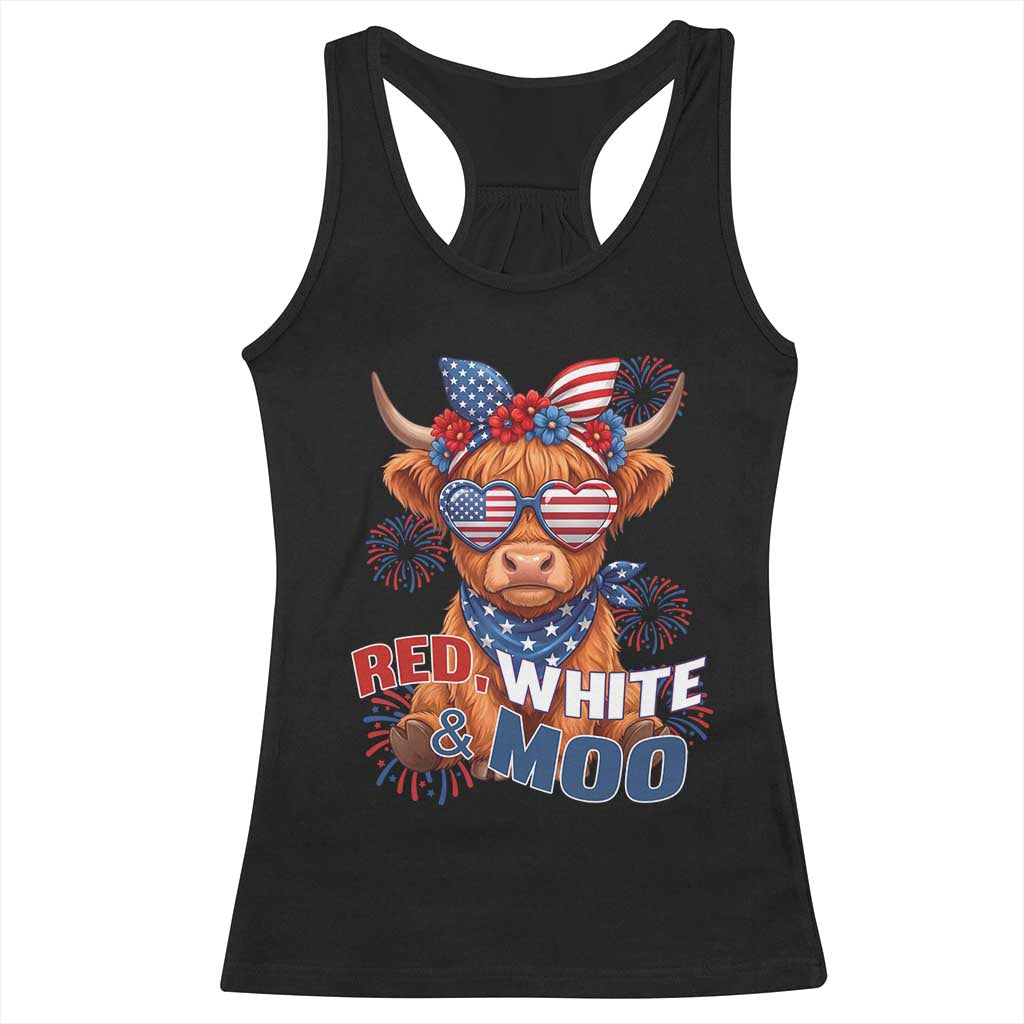 Red White and Moo Funny Patriotic Highland Cow Racerback Tank Top Cute American Flag Sunglasses and Bandana Summer Fireworks