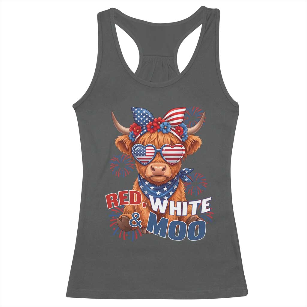 Red White and Moo Funny Patriotic Highland Cow Racerback Tank Top Cute American Flag Sunglasses and Bandana Summer Fireworks