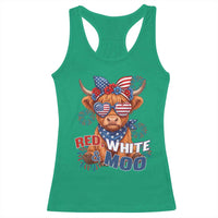 Red White and Moo Funny Patriotic Highland Cow Racerback Tank Top Cute American Flag Sunglasses and Bandana Summer Fireworks