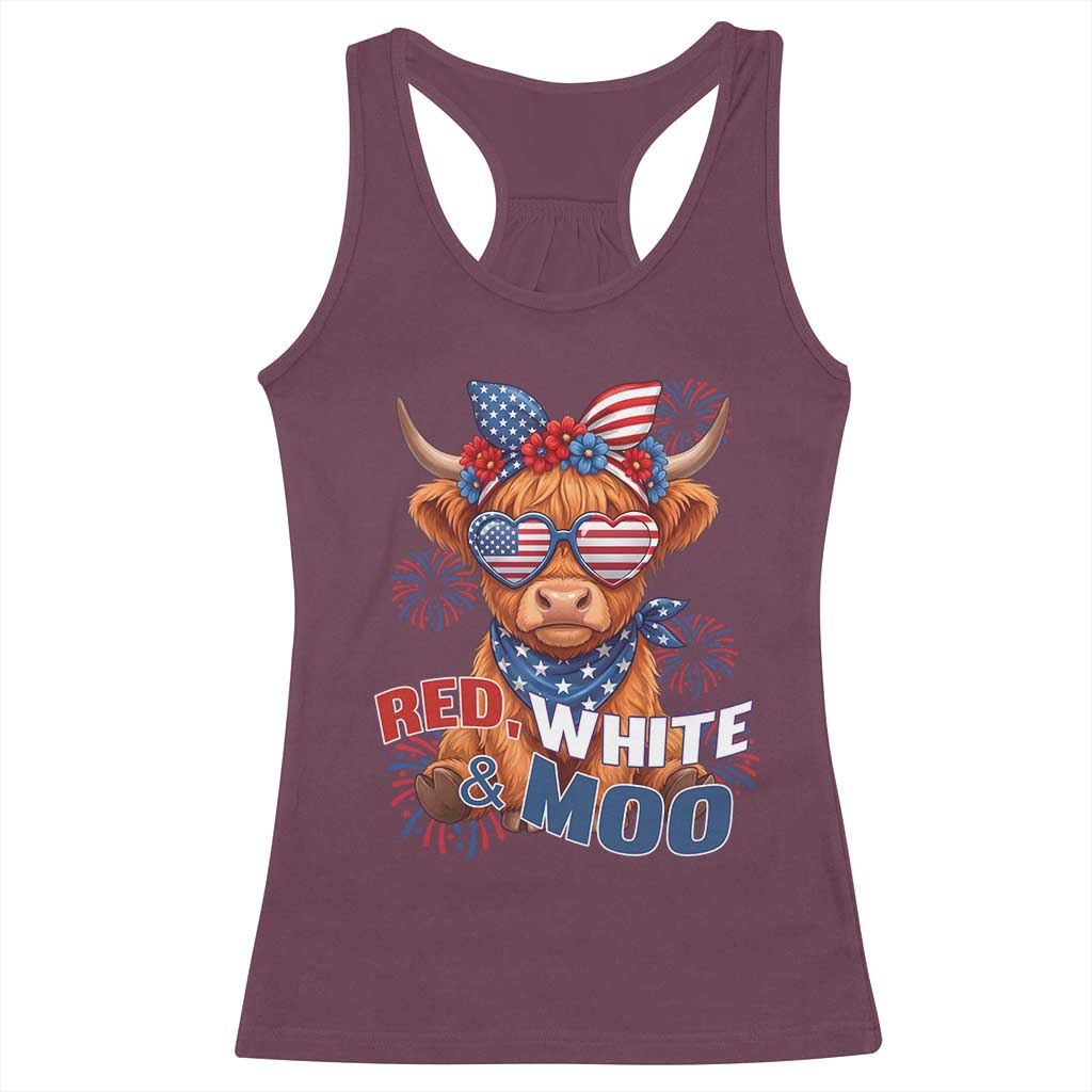 Red White and Moo Funny Patriotic Highland Cow Racerback Tank Top Cute American Flag Sunglasses and Bandana Summer Fireworks