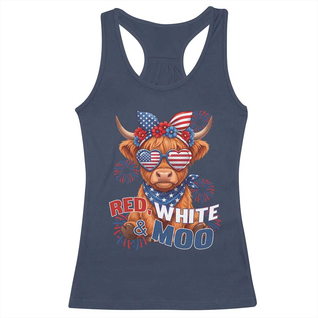 Red White and Moo Funny Patriotic Highland Cow Racerback Tank Top Cute American Flag Sunglasses and Bandana Summer Fireworks