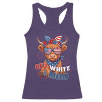 Red White and Moo Funny Patriotic Highland Cow Racerback Tank Top Cute American Flag Sunglasses and Bandana Summer Fireworks