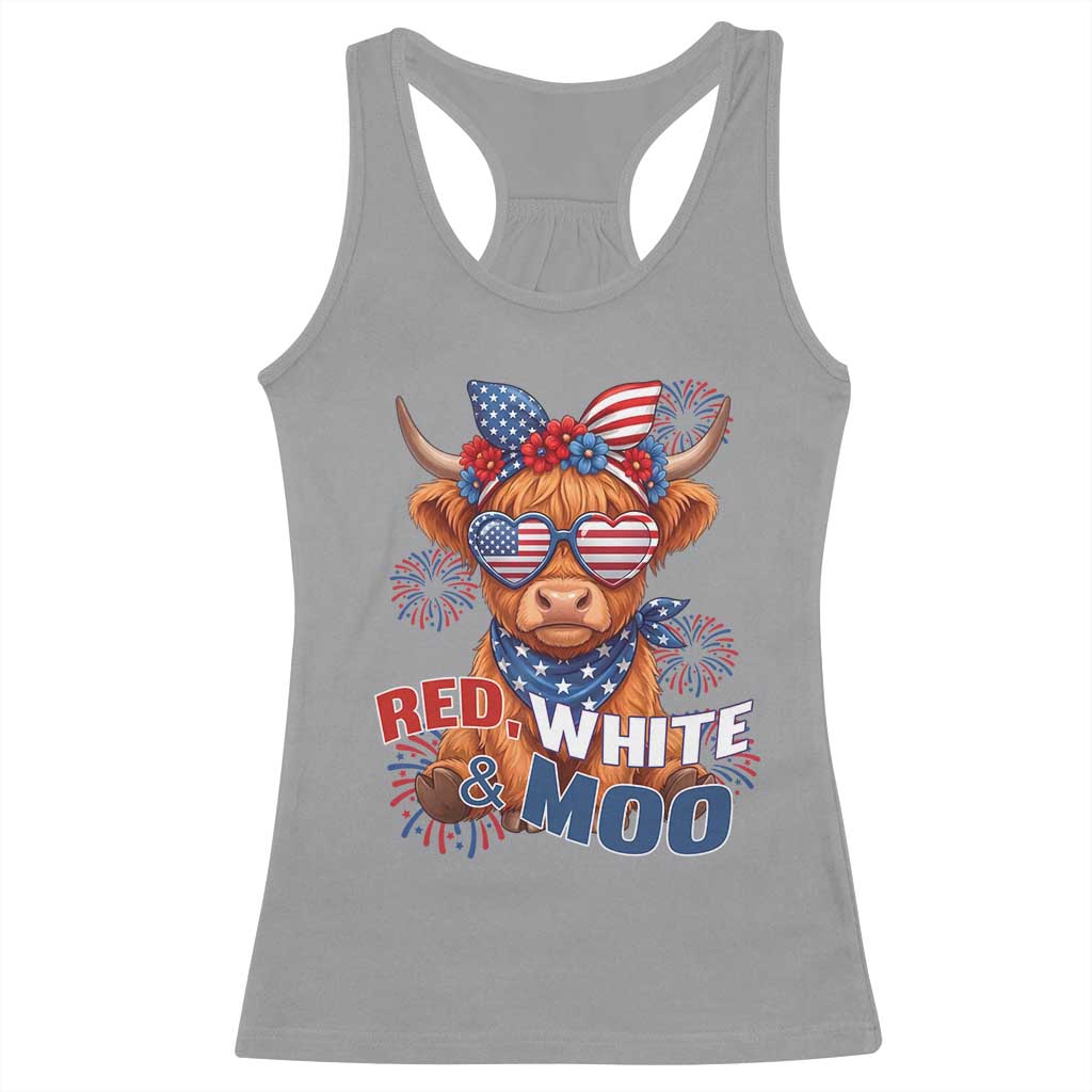 Red White and Moo Funny Patriotic Highland Cow Racerback Tank Top Cute American Flag Sunglasses and Bandana Summer Fireworks