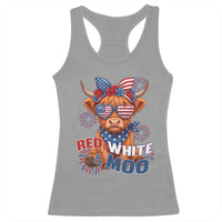 Red White and Moo Funny Patriotic Highland Cow Racerback Tank Top Cute American Flag Sunglasses and Bandana Summer Fireworks