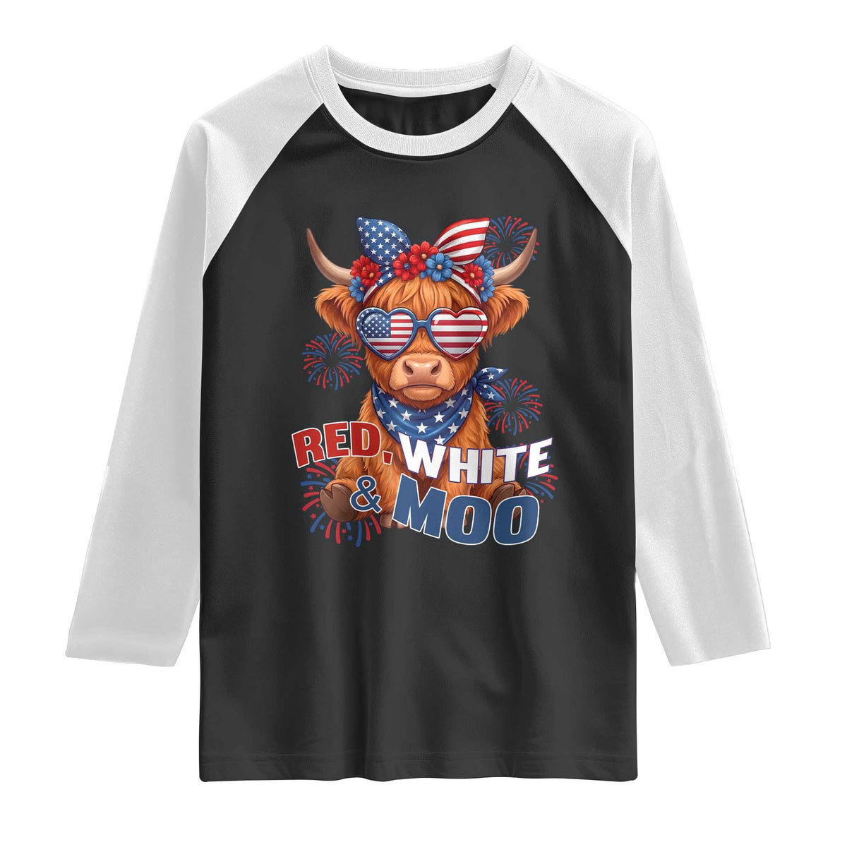 Red White and Moo Funny Patriotic Highland Cow Raglan Shirt Cute American Flag Sunglasses and Bandana Summer Fireworks